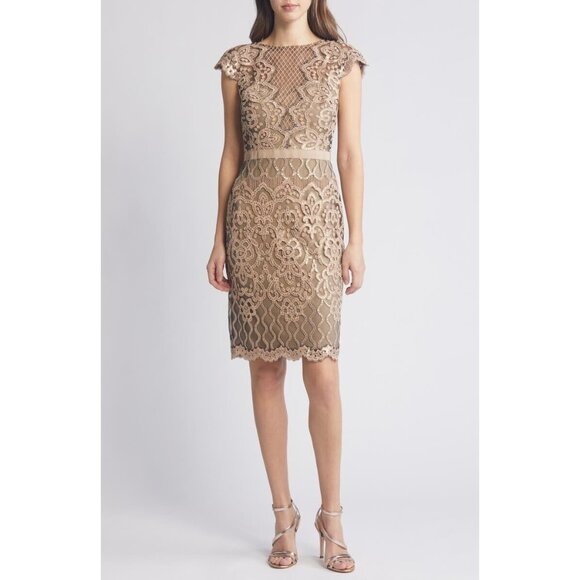 NWT TADASHI SHOJI Miranda in Sand Petal Sequin Embroidered Tulle Sheath Dress 2 - Picture 9 of 13